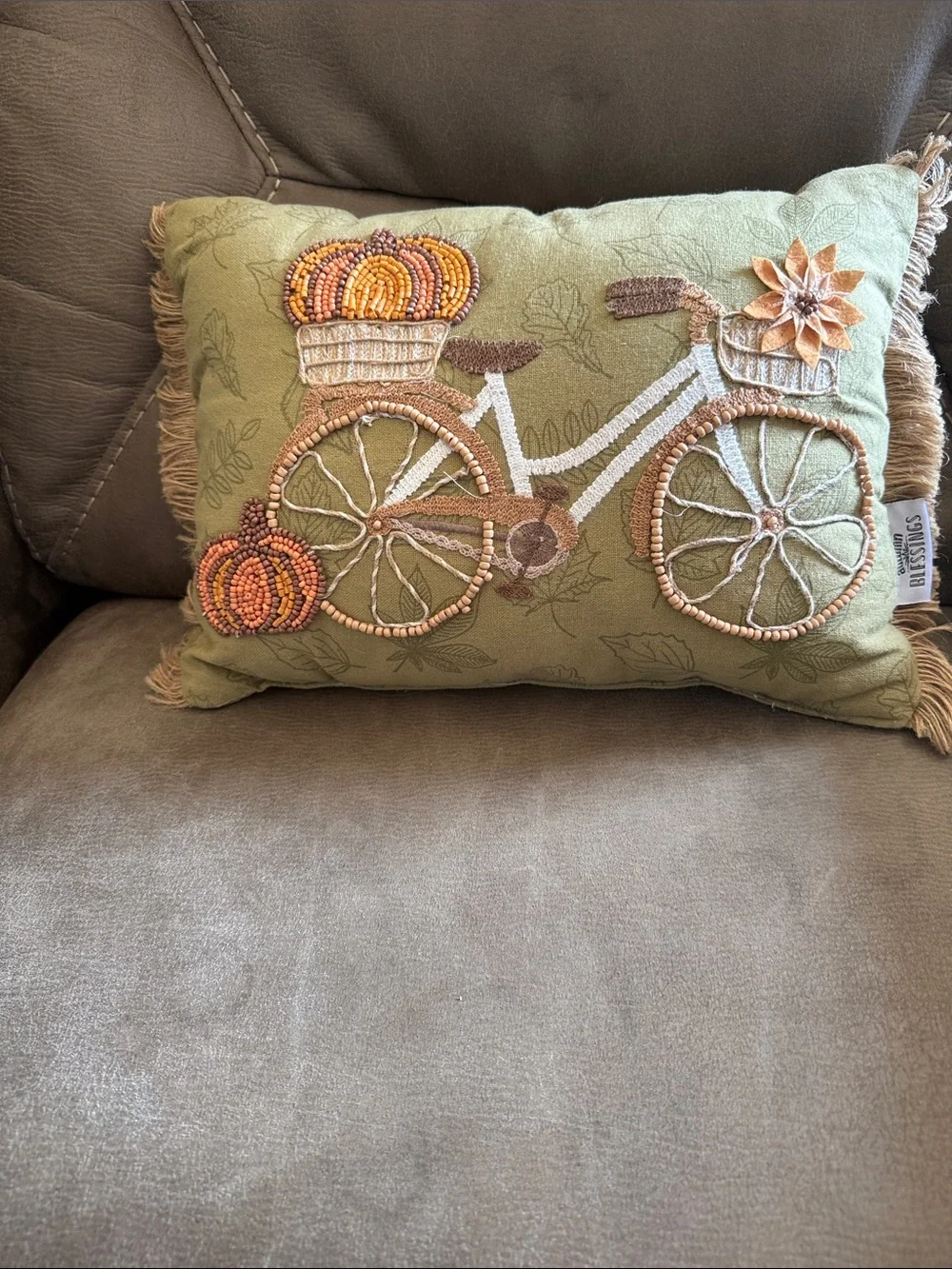 Harvest Bicycle Embroidered Accent Pillow - Green